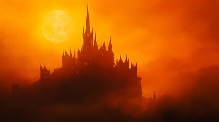 Bright orange Halloween background with a shadowy castle