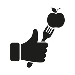 Solid Icon Of Thumbs Up With Fork And Apple, Approval Of Healthy Food And Diet. Health, Fitness, Nutrition And Wellness. Isolated Vector Illustration