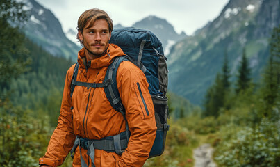 Naklejka premium A young man in his 30s, dressed in outdoor trekking gear, with a backpack slung over one shoulder, casually walking.