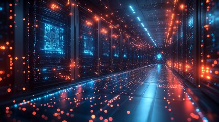 Obraz premium Futuristic Server Room with Glowing Data Streams. Generative AI