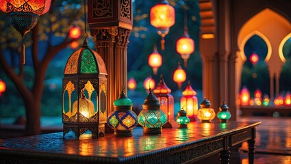Ramadan bright lantern with bokeh hanging lantern as background  
