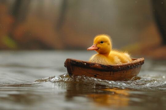 An adorable duckling sets sail on a calm lake on a tiny, handmad