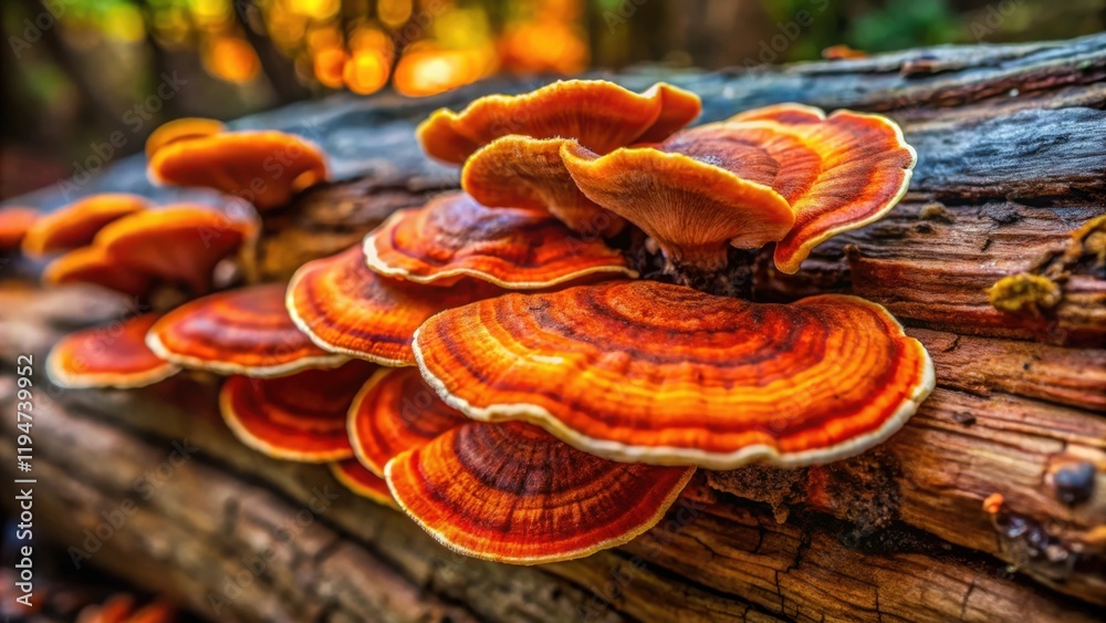 Poster vibrant orange shelf fungi cluster on decaying log in forest