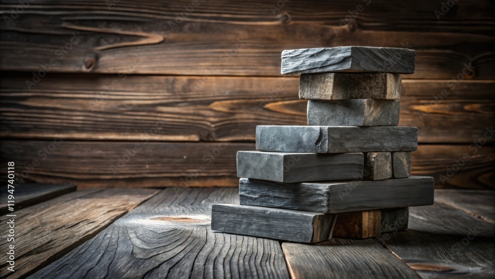 Aufkleber dark gray rectangular blocks stacked on rustic wooden planks