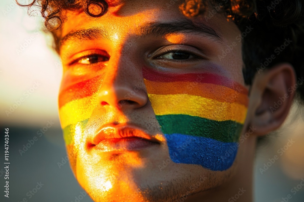 Poster a person with a colorful rainbow design on their face, perfect for creative projects and artistic ex