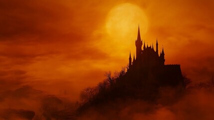 Spooky orange Halloween background with a dark castle silhouette