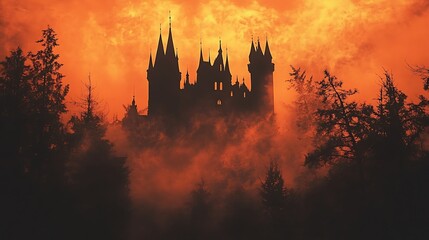 Orange Halloween backdrop showcasing a shadowy black castle