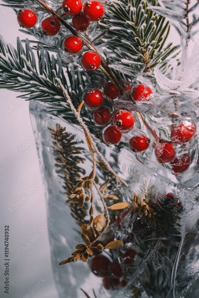 Poster a close-up shot of various types of berries frozen in ice, perfect for use in winter or cold-themed 