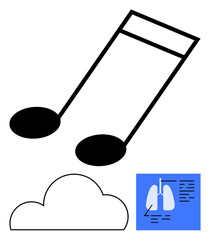 Musical note, simple cloud outline, and lungs diagram with notes on blue background. Ideal for music, healthcare, medical education, respiratory system, environmental themes, and creative designs
