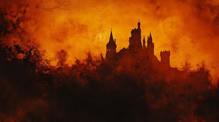 Halloween orange background with a dark and spooky castle shadow