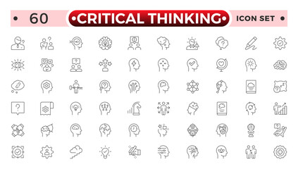 Critical thinking outline icon set. Containing think, problem-solving, analysis, reasoning, evaluation, experience, research, logic and listening icons.