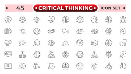 Critical thinking outline icon set. Containing think, problem-solving, analysis, reasoning, evaluation, experience, research, logic and listening icons.