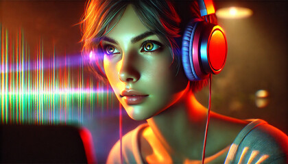 A woman wearing headphones is looking at a computer screen. The image is colorful and vibrant, with a sense of energy and excitement. The woman is engaged in some form of digital activity