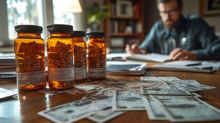 Doctor reviewing finances, pills on desk, home office background