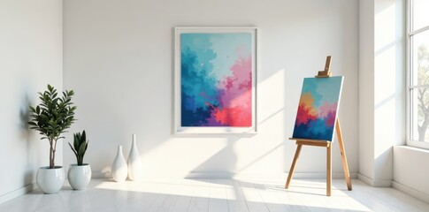 Minimalist white room with mock-up art posters on walls and a solo artist's painting on easel, poster design, painting easel , minimalist decor
