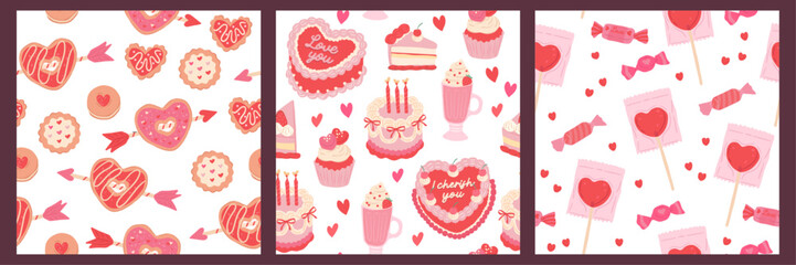 Collection of Love season, Valentines Seamless pattern  vector illustration of sweet desserts, cake, donut and candy