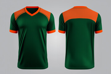 green and orange jersey template for team clubs, jersey sport, front and back, Tshirt mockup sports jersey template design for football soccer, racing, gaming, sports jersey