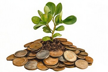 A plant is growing on top of a pile of coins