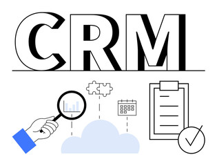 CRM concept with cloud, bar graph in magnifying glass, puzzle pieces, calendar, checklist with tick. Ideal for data organization, analysis, collaboration, scheduling workflow teamwork abstract