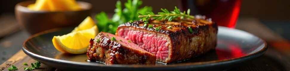 Perfectly grilled fillet steak, rich red wine , delicious, glass, dinner