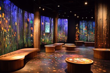 A mesmerizing digital forest installation is depicted with vibrant hues of flowers and trees, creating an immersive and enchanting artistic experience for visitors.