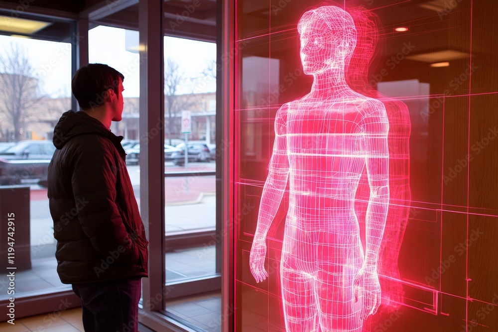 Poster A man observes a life-sized digital wireframe hologram figure in a modern environment, showcasing the intersection of virtual reality and daily human interaction.