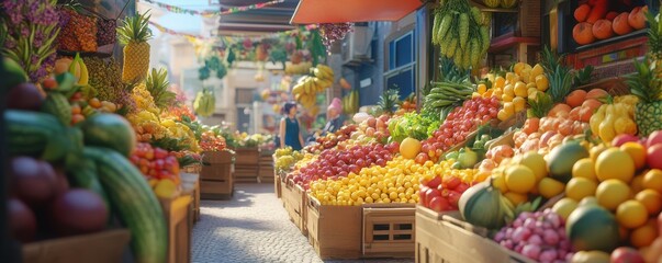 Obraz premium A vibrant fruit market scene with fresh produce and cheerful vendors, 4k photo.