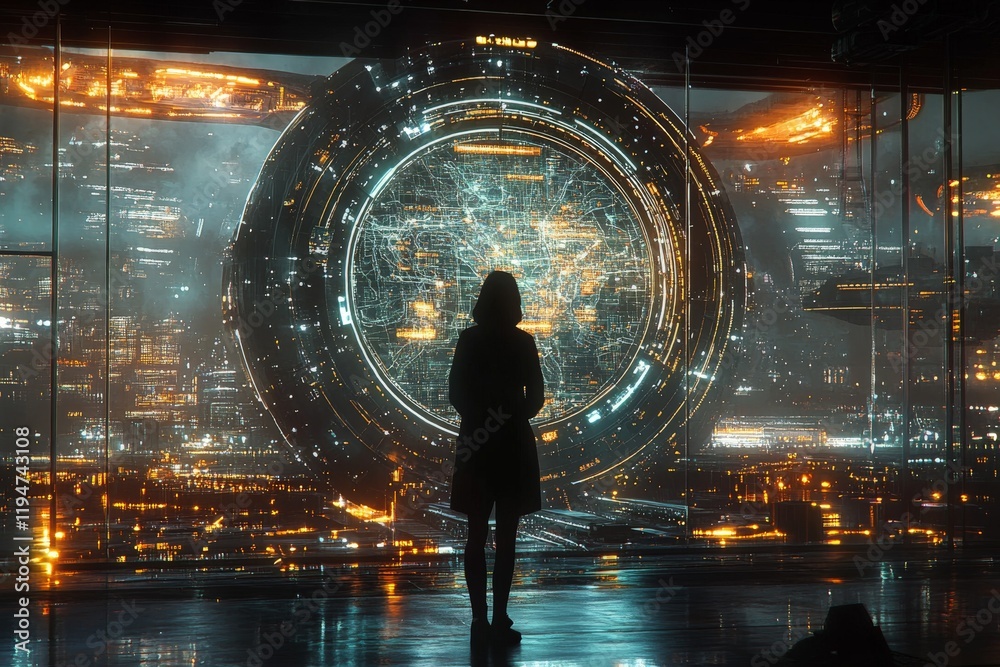 Poster an intriguing silhouette stands before a vast, glowing high-tech digital interface, symbolizing mode