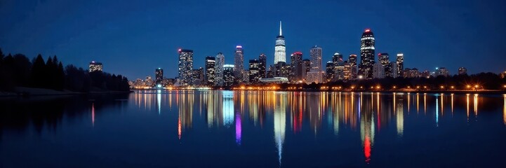 Obraz premium Reflections of Calgary skyline in a calm lake at night with city lights , reflective surface, cityscape, water features