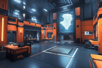 A futuristic control room with glowing orange technology and high-tech interfaces, emphasizing advanced control, innovation, and the pulse of modern technology.