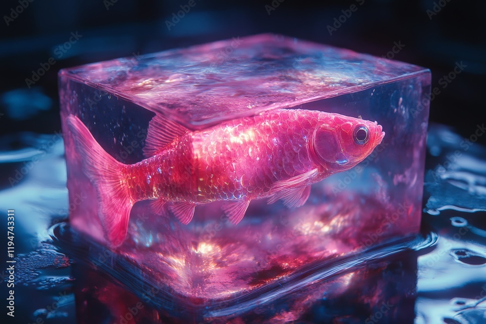 Poster a luminous pink fish sits comfortably sealed within a brilliantly glowing cube of ice, casting a viv