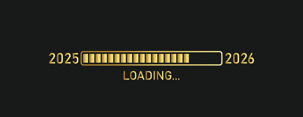 Loading progress bar of 2025, 2026. Golden loading bar on black background. Vector illustration.