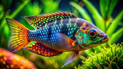 Fototapeta premium Macro Photography of Salvin's Cichlid Fish in Vibrant Aquarium Environment