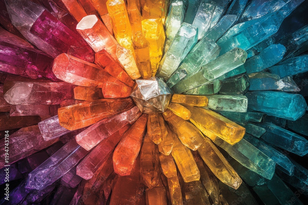 Aufkleber an exhilarating display of crystals arranged in an explosive rainbow pattern, showcasing the vibrant