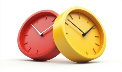 Colorful clocks in red and yellow showcasing modern design and playful aesthetics, perfect for home decor and time management
