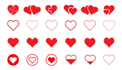 Hearts isolated on white. Hearts in linear and flat. Love icon. Valentines day signs or symbols. Vector illustration.