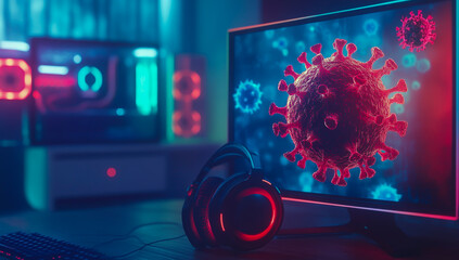 A detailed, stylized image of the coronavirus on its screen, a high-performance gaming computer with vibrant red and blue neon lights.