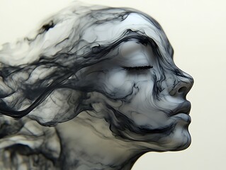 Naklejka premium Serene female face morphing into dark smoke.