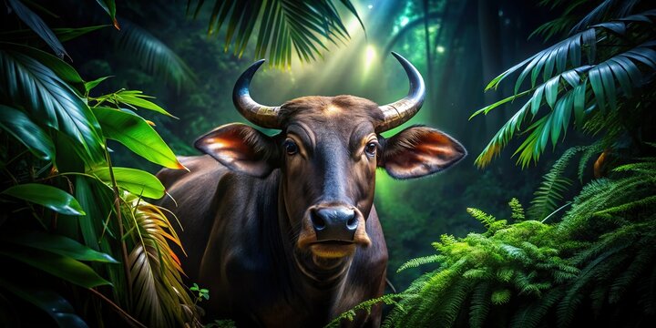 Majestic Wild Cattle in Southeast Asian Night Jungle - Stock Photo