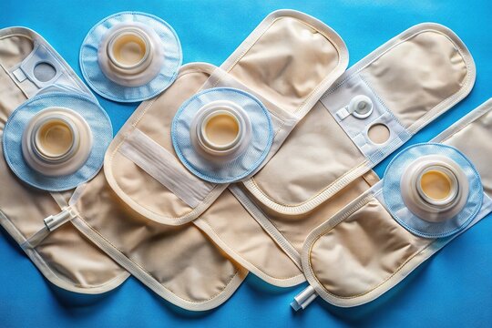 Medical Supplies: Close-up of Colostomy Bags on Blue Background