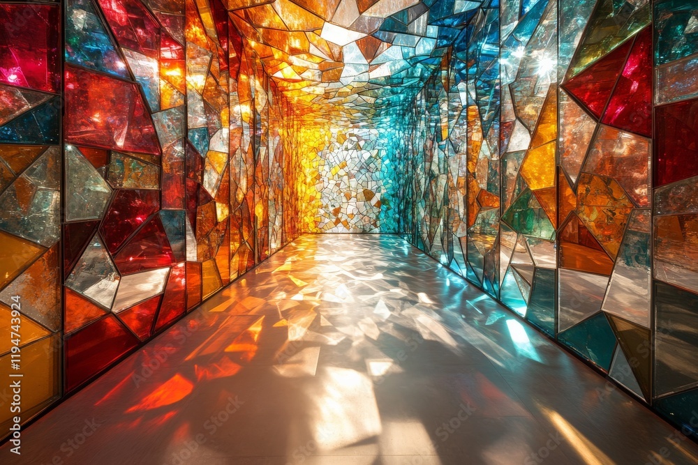 Poster this image features a vibrant, colorful stained glass hallway bathed in multi-colored sunlight, crea