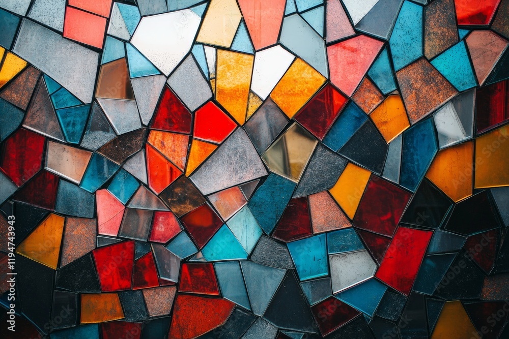 Poster an intricate stained glass mosaic featuring vibrant colors and dynamic patterns, capturing the viewe