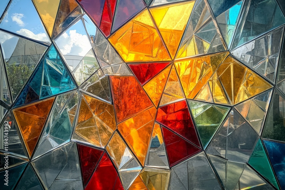 Poster this vibrant stained glass piece captures an abstract representation of an urban skyline, integratin
