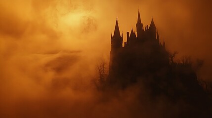 Halloween orange backdrop featuring a black castle silhouette