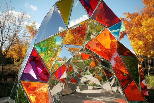 A fascinating prismatic mirrored structure reflecting vibrant surroundings, capturing a fusion of nature and modern design in an outdoor setting with bold colors.