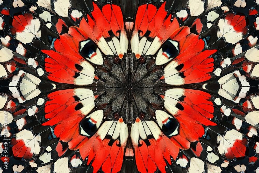 Aufkleber A symmetrical kaleidoscope pattern featuring vivid shades of red and black, creating a striking visual effect through repeated symmetrical elements and dramatic contrast.
