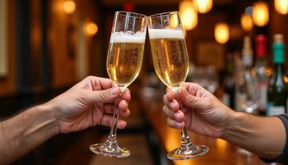 Celebratory toast with champagne glasses in a festive bar setting