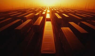 Obraz premium Trucks lined up in sunset glow, creating a mesmerizing pattern of shadows and light, showcasing transportation and logistics industry