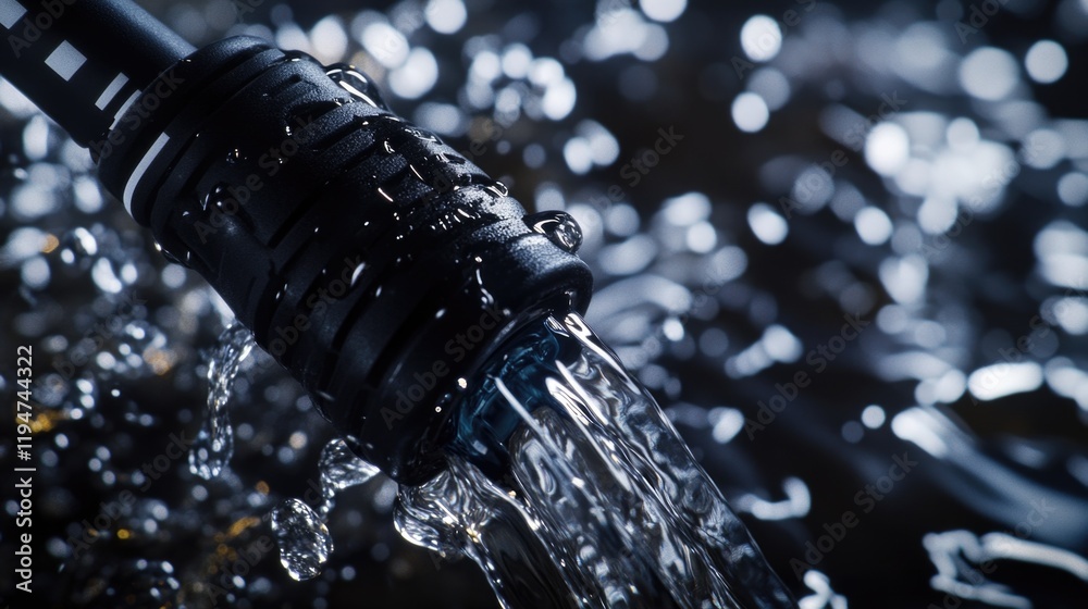 Poster a close-up shot of water pouring out of an open bottle, with the flow rate and droplets visible