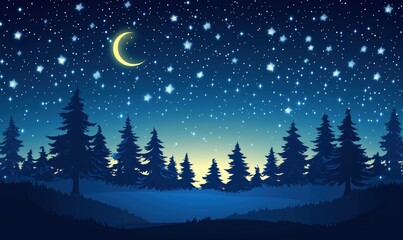 Fototapeta premium Starry Night Sky with Crescent Moon Over Pine Forest Landscape